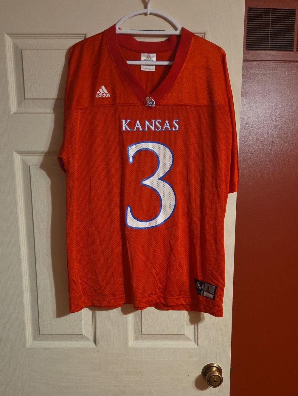 KU adidas Red Kansas #3 Football Jersey with White & Blue Accents
